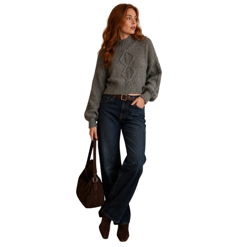 Dark Academia Grey Cable Knit Mock Neck Cropped Sweater Vero Moda S